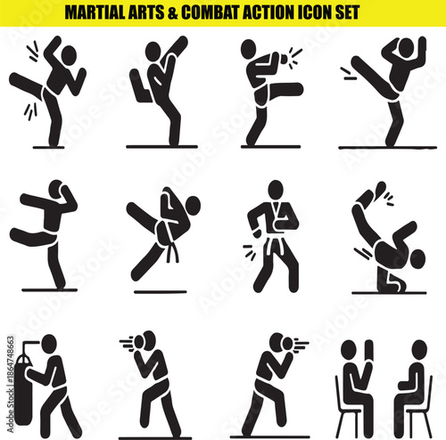 martial arts combat action icons set for graphic design
