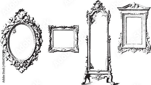 Ornate, antique frames and mirror create a sense of history and elegance, capturing the timeless beauty of classic design in an illustration-style.