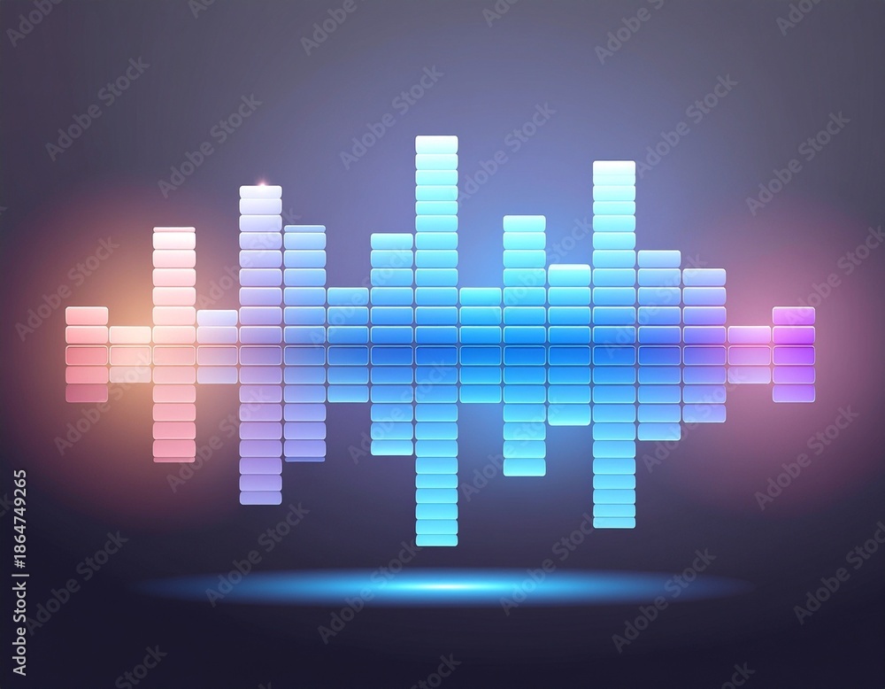 Fototapeta premium A unique block-style audio equalizer presents digital sound levels with glowing square elements on a subtly reflective dark background.