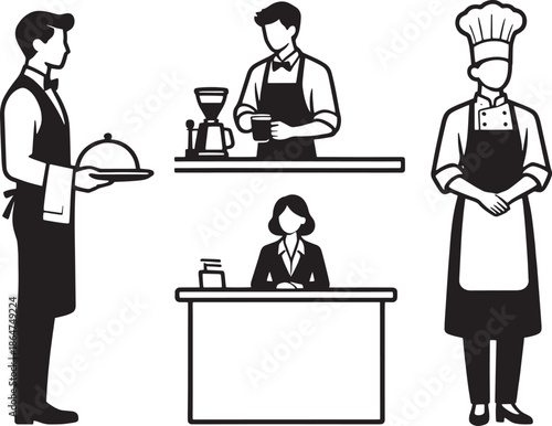 A vector illustration featuring the different restaurant staff members in various work duties. Representing the restaurant business and roles and responsibilities in a simple graphic form.