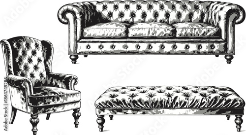 Elegant vintage furniture collection, hand-drawn with intricate detail, perfect for interior design.