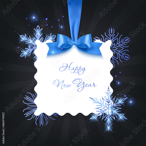 A New Year's or Christmas card decorated with Blue snowflakes with shiny glitter. Vector illustration. Elegant holiday design for invitations, greeting cards, seasonal sales, and social media banners
