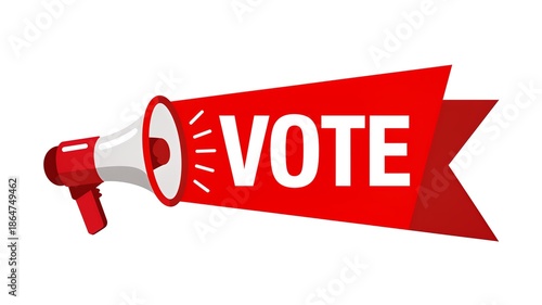 Vibrant red megaphone with VOTE banner announcing elections