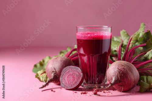 Beetroot juice is placed in a glass with fresh beets on a pink background