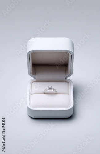 Open White Ring Box with Diamond Engagement Ring on Gray Background