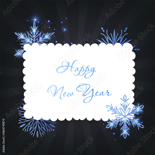 A New Year's or Christmas card decorated with Blue snowflakes with shiny glitter. Vector illustration. Elegant holiday design for invitations, greeting cards, seasonal sales, and social media banners