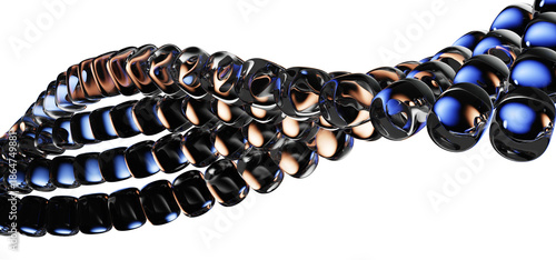 Neon glass spiral line of transparent round balls with blue brown gradient on black background. Abstract curve wave pattern. Futuristic dna structure for science and technology design © marozhkastudio