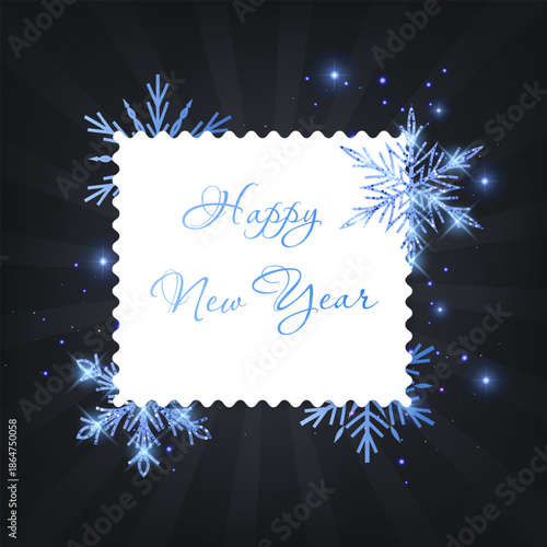 A New Year's or Christmas card decorated with Blue snowflakes with shiny glitter. Vector illustration. Elegant holiday design for invitations, greeting cards, seasonal sales, and social media banners