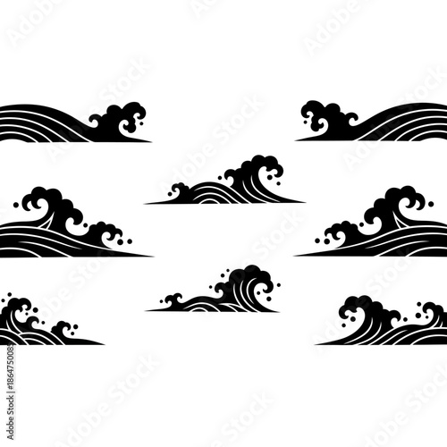Black Wave Silhouettes on White Background.