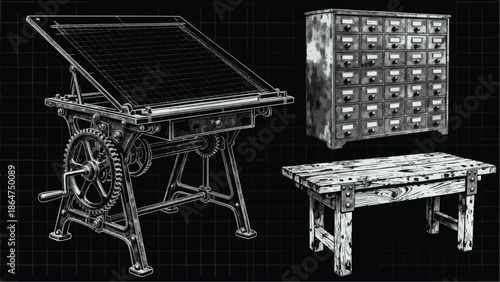 Detailed antique drafting table, wooden furniture cabinet and old style work table, displayed on a contrasting dark backdrop.