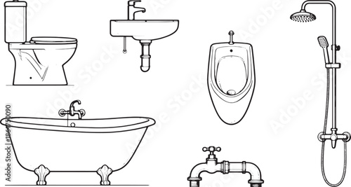 Detailed line art illustration of assorted bathroom fixtures, evoking a sense of classic design and cleanliness, perfectly captured in a photorealistic style.