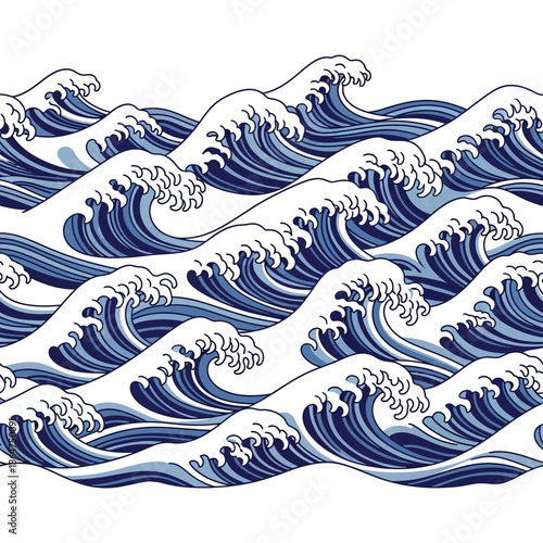 Ocean Waves Illustration Blue White Water.