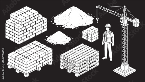 An illustration of construction materials, highlighting building blocks, sand, wooden pallets, and a construction worker alongside a towering crane, a scene of building and development.