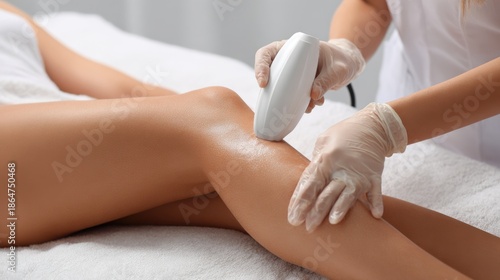 Medium shot of a professional performing laser hair removal on a womans full leg highlighting smooth skin and advanced cosmetic technology.