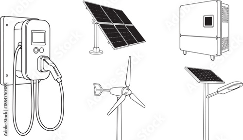 An assortment of energy-efficient solutions shines against a backdrop of sustainable technology, with each component playing its unique part in powering a greener future.