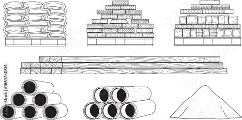 An illustrative construction material storage and accumulation scene, showcasing stacks of bags, beams, tubes, and a pile, all neatly arranged. 