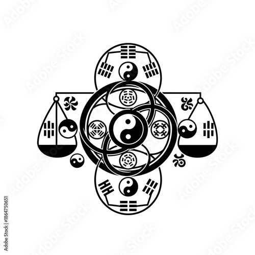 Yin Yang Symbol with Trigrams and Elements.