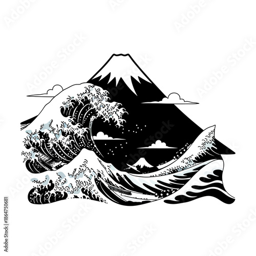 Black and White Wave Illustration with Mountain.