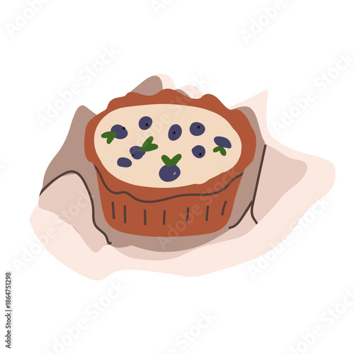 Cheesecake, sweet bakery with blueberries. Hand drawn vector illustration.