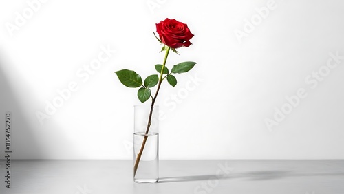 Single red rose flower in glass vase on white background for minimalist romantic symbol of deep love