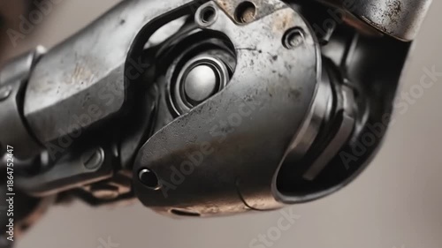 Close-up of weathered robotic arm joint with rusted metal, bolts, and gears. Dark cyberpunk style highlights mechanical detail and industrial texture. Futuristic prosthesis or android limb concept