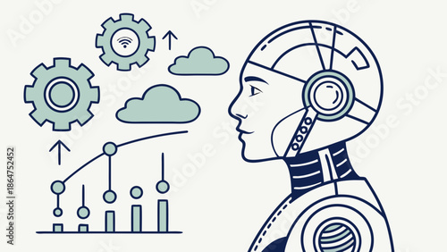 robot head, neural network, cloud computing, data analytics, modern flat SVG