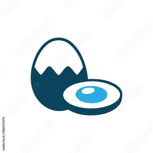 Minimalist icon of a cracked egg and a stylized fried egg with a bright blue yolk