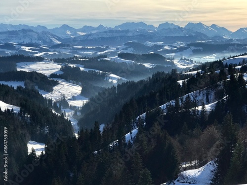 A picturesque winter landscape in the rolling hills of the Emmental region, Switzerland, featuring wide snow-covered fields, dark fir forests, and the majestic Swiss Alps rising in the background