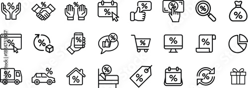 Set of outline icons representing various percentage concepts, deals, and financial services