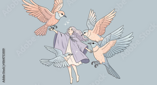 Whimsical girl with flowing hair surrounded by pastel birds in flight, ethereal fantasy illustration.