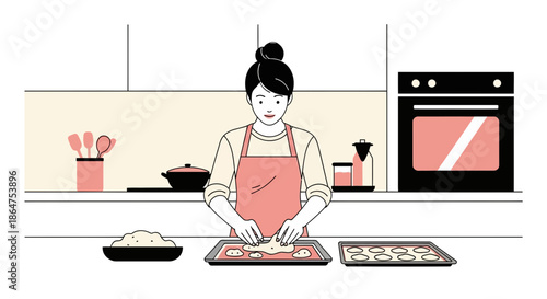 Woman baking cookies in kitchen, making dough on baking sheet, preparing sweet treats