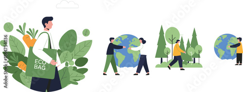 Eco lifestyle illustration, sustainability concept, globe care, reusable bag, nature walk, environmental awareness, flat vector illustration, green living design