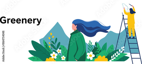 Greenery illustration with people, nature creativity, cloud painting, mountain backdrop, flat vector illustration, eco lifestyle, outdoor art concept design