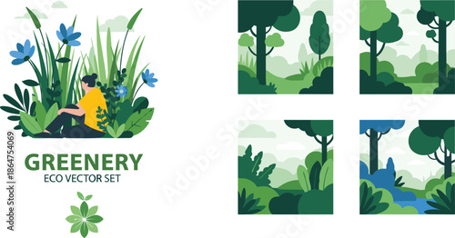 Greenery eco vector set, nature illustration, forest landscape, foliage design, environmental art, flat vector illustration, sustainable concept, plant scenery