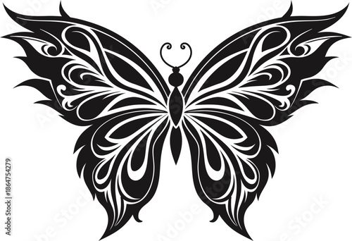 Smooth Symmetrical Tribal Butterfly Black Silhouette Vector with Ornamental Wings