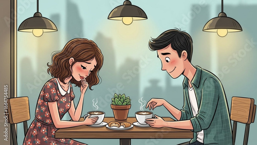 A cartoon illustration of a man and woman on a date at a cozy cafe