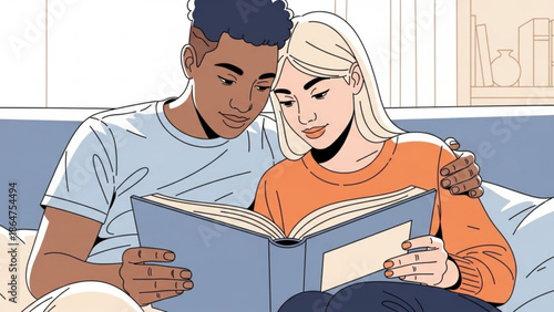 A loving couple reading a book together on a couch in a cozy home environment