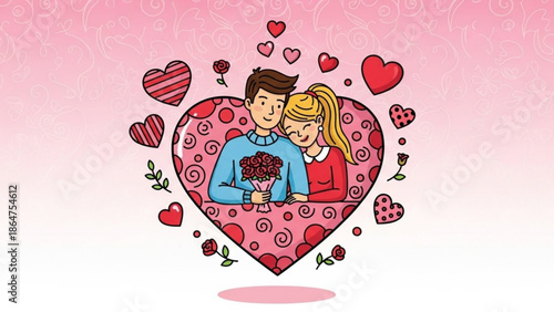 A cartoon illustration of a loving couple surrounded by hearts and flowers in a romantic setting