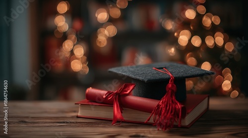 Academic achievement symbols rest upon a wooden surface against a backdrop of warm, blurred lights
