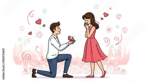 A romantic cartoon illustration of a man proposing to a woman with a ring