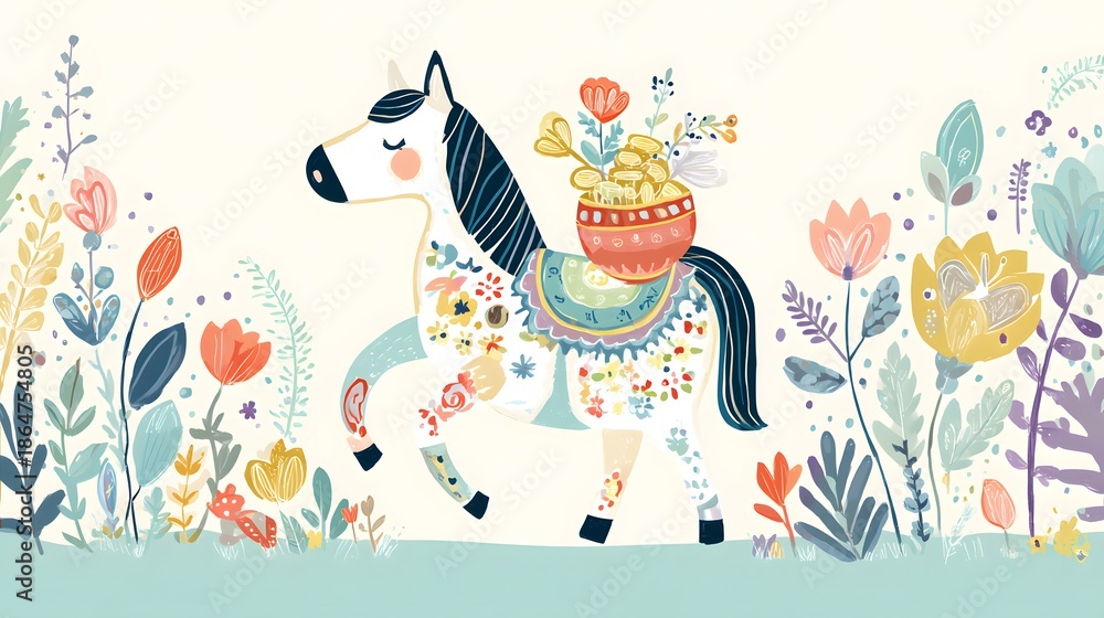 Fototapeta premium Floral Horse Illustration in Folk Art Style. Cute Pony Surrounded by Spring Flowers and Botanical Elements. Illustration of a cute horse wearing floral patterns, carrying Money pouch.