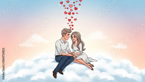 A loving couple sitting on clouds with hearts floating above them in a romantic scene