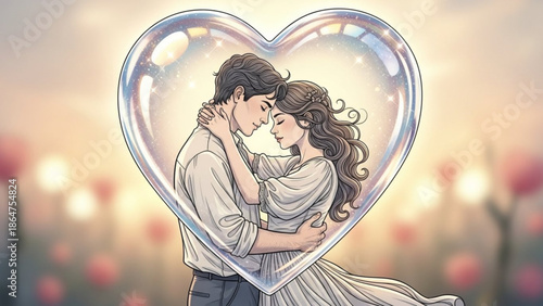 A romantic couple embracing inside a large heart bubble with flowers in the background