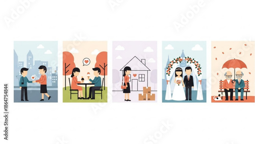 A set of five minimalist illustrations depicting various stages of romantic relationships in a modern style