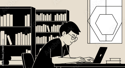 Student working on laptop in library, surrounded by books, studying and learning