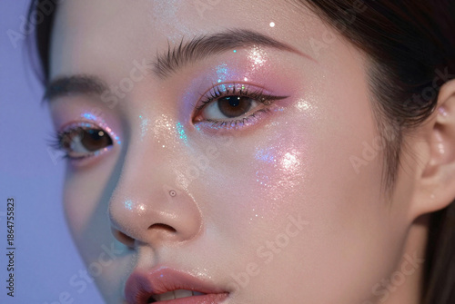 Close-up of a woman with dewy, iridescent makeup.