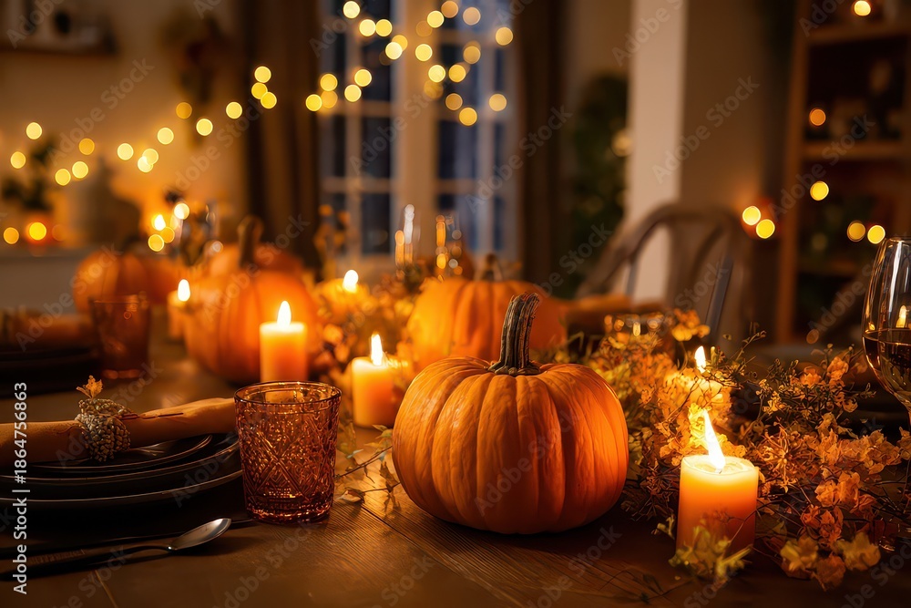 Fototapeta premium A warm Thanksgiving table setting is displayed in passive voice, pumpkins are placed with balanced composition, candles emit soft amber light, string lights shimmer faintly 