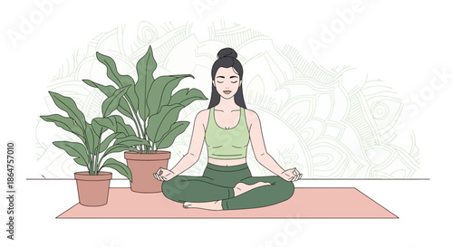 Woman Meditating in Lotus Pose on Yoga Mat with Potted Plants
