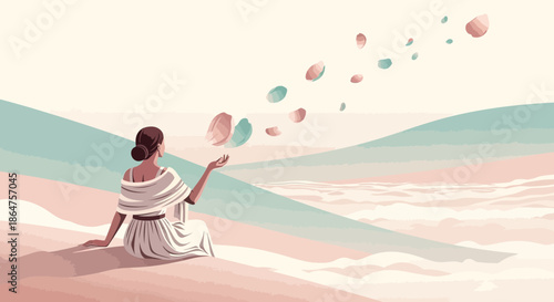 Woman meditating releasing petals in a serene landscape, calm atmosphere