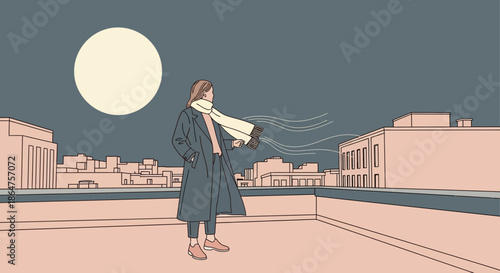 Woman on rooftop looking at moon and city skyline at night, minimalist illustration